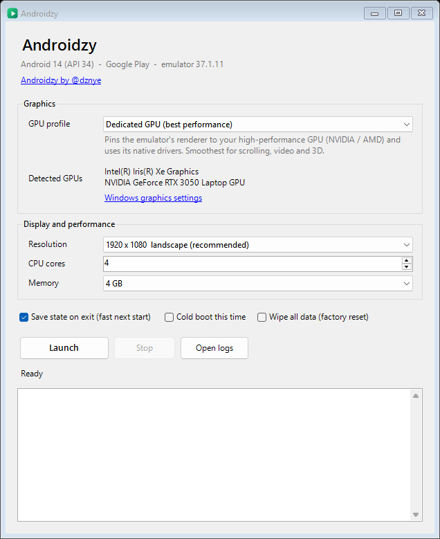 The emulator window: pick a graphics profile, window size, CPU and memory, then press Launch